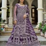 Purple Net Readymade Anarkali Kurta Suit For Women With Dupatta