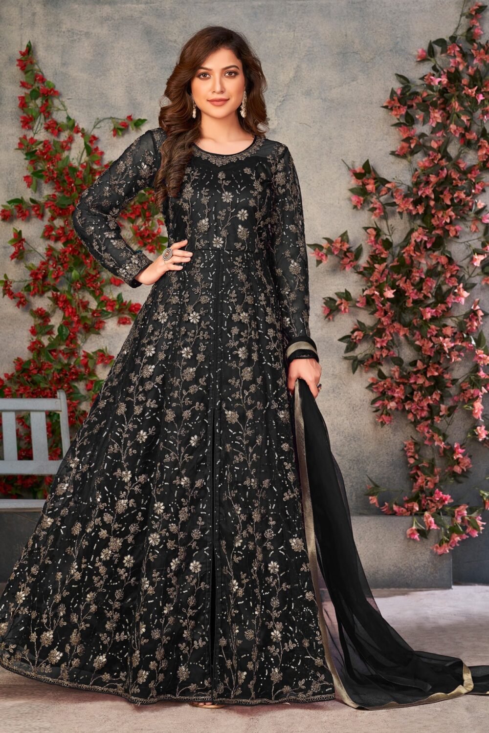 Black Sequins Work Women Unstitched Anarkali Suit With Dupatta