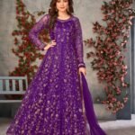 Purple Sequins Work Women Unstitched Anarkali Suit With Dupatta
