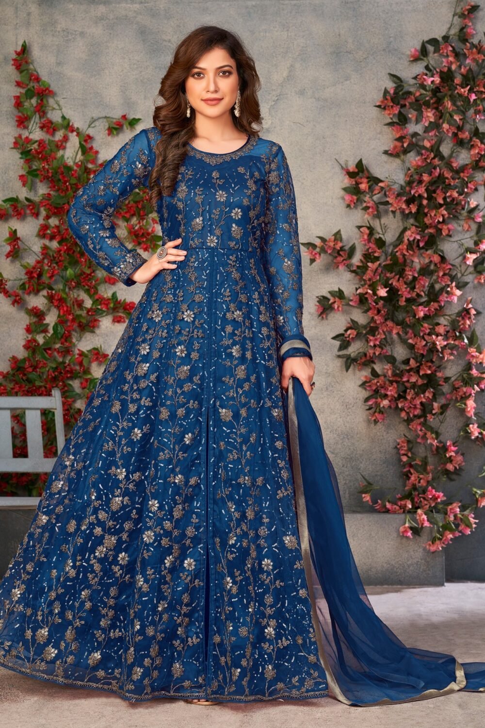 Blue Sequins Work Women Unstitched Anarkali Suit With Dupatta
