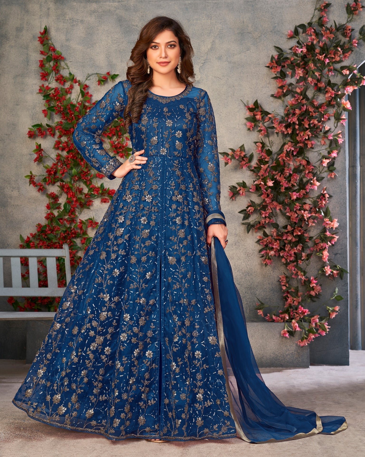 Blue Sequins Work Women Unstitched Anarkali Suit With Dupatta