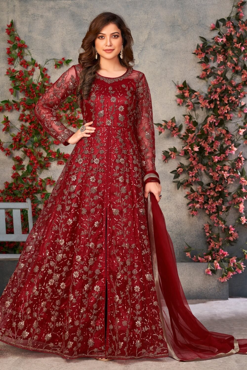 Maroon Sequins Work Women Unstitched Anarkali Suit With Dupatta
