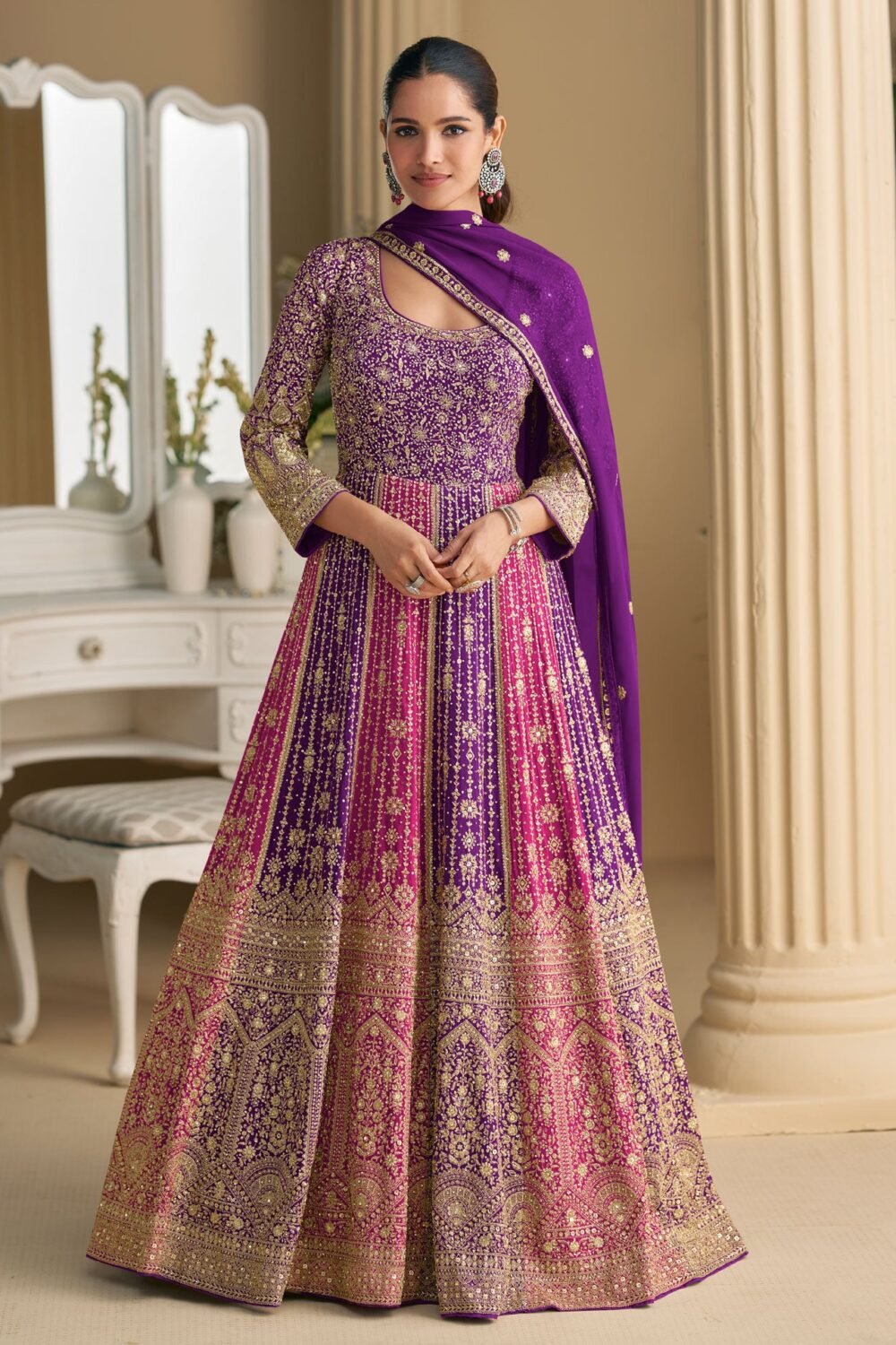 Purple Pink Georgette Women Readymade Anarkali Gown With Dupatta