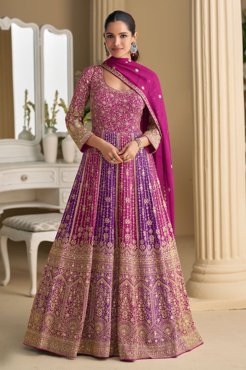Pink Purple Georgette Women Readymade Anarkali Gown With Dupatta