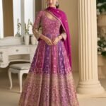 Pink Purple Georgette Women Readymade Anarkali Gown With Dupatta