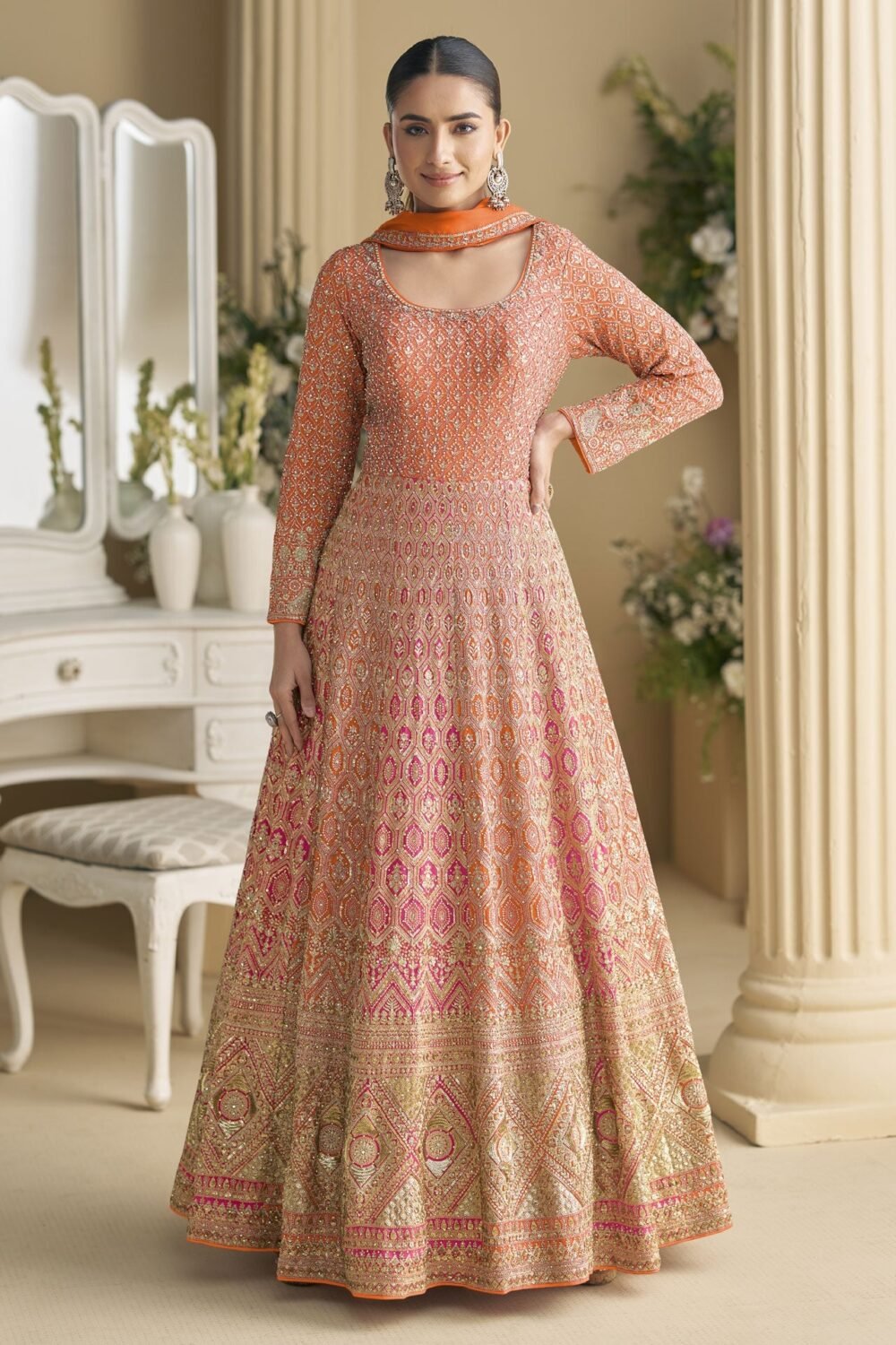 Orange Pink Georgette Women Readymade Anarkali Gown With Dupatta