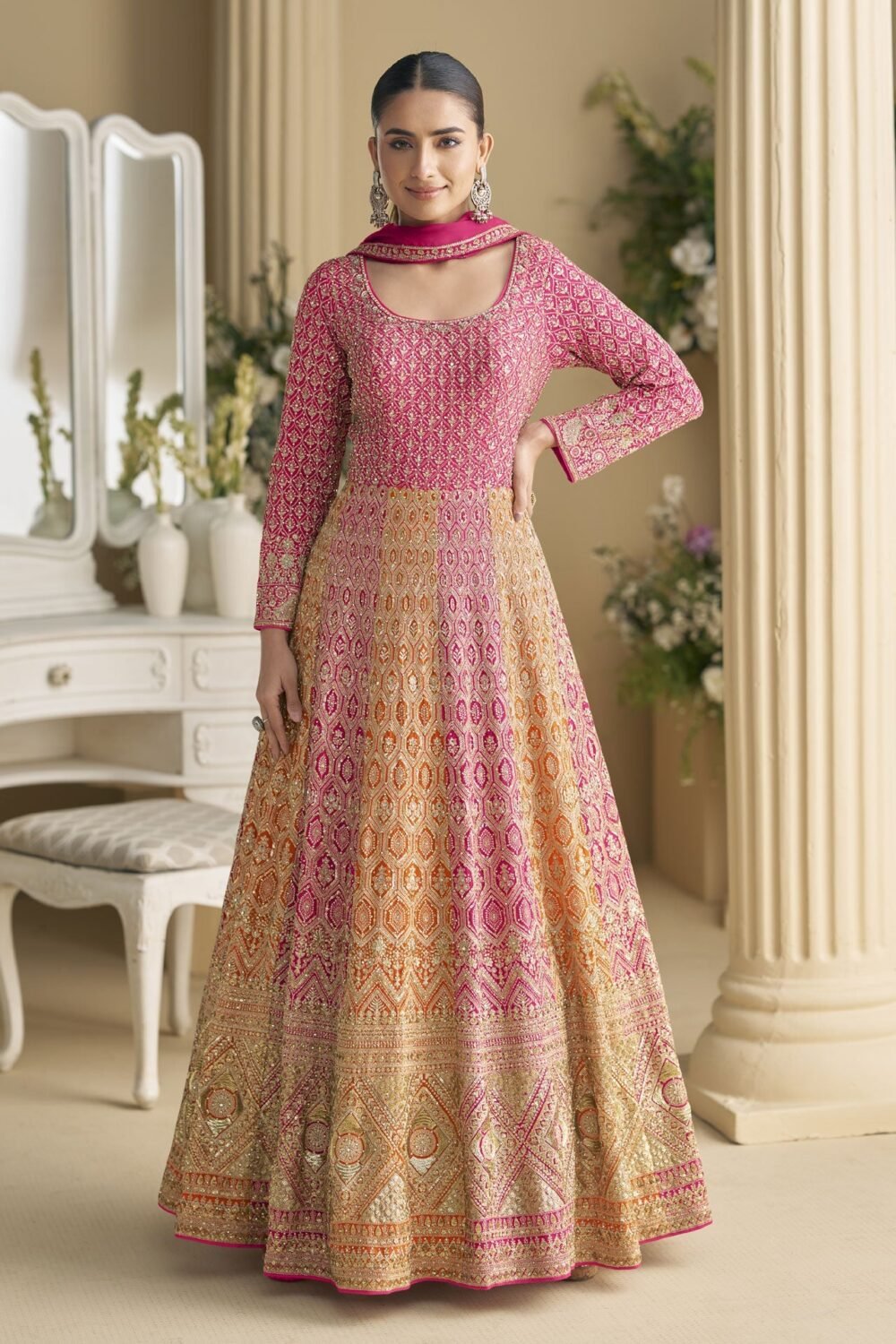 Pink Orange Georgette Women Readymade Anarkali Gown With Dupatta