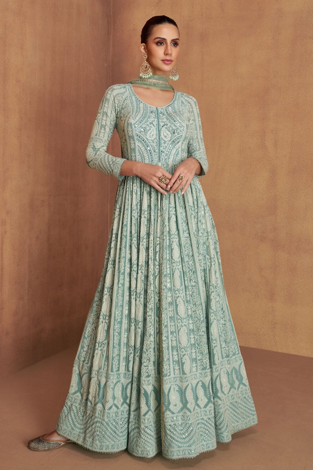 Sea Blue Thread Mirror Work Women Real Georgette Readymade Anarkali Gown