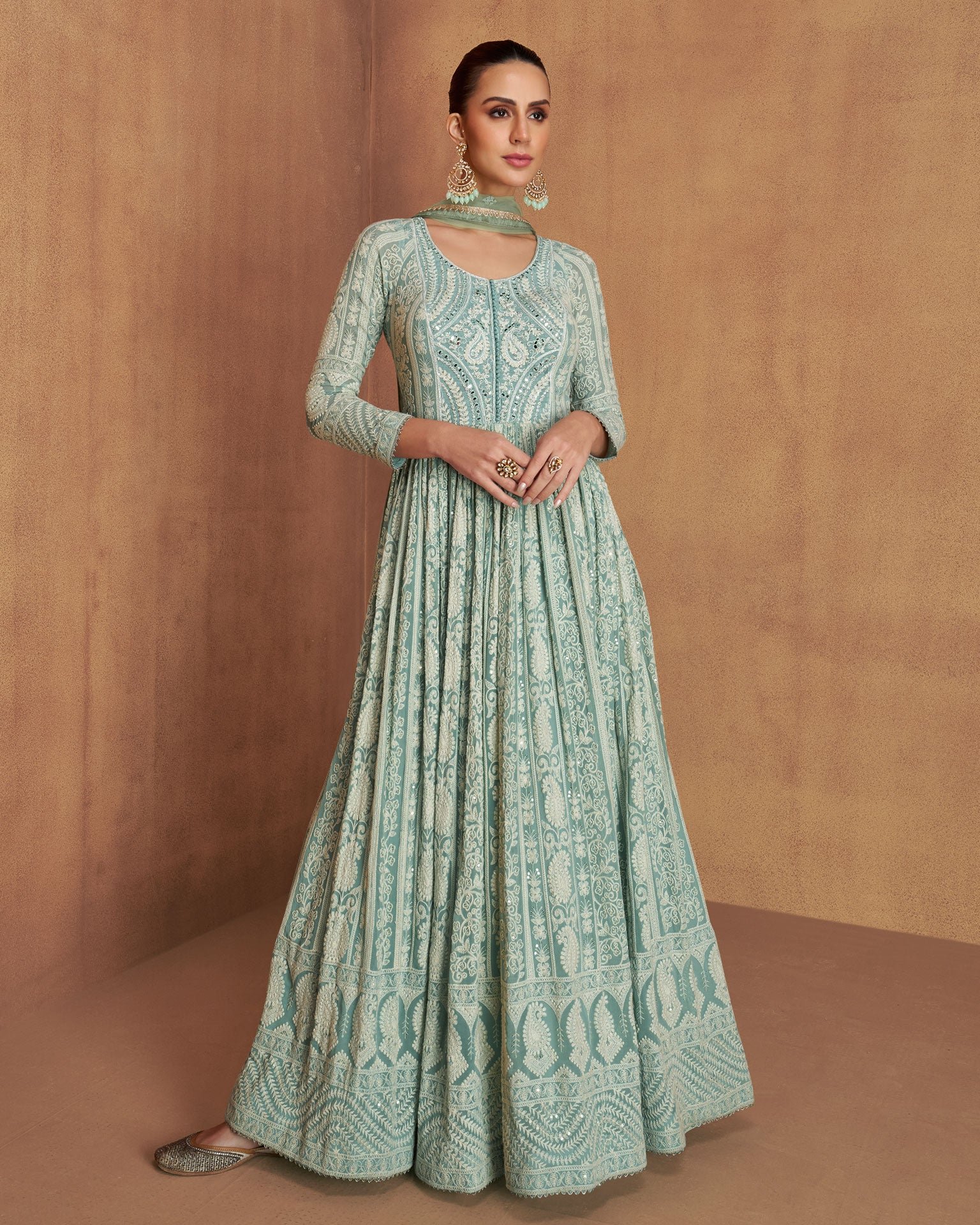 Sea Blue Thread Mirror Work Women Real Georgette Readymade Anarkali Gown