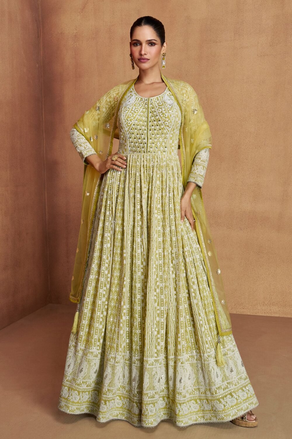 Green Thread Mirror Work Women Real Georgette Readymade Anarkali Gown