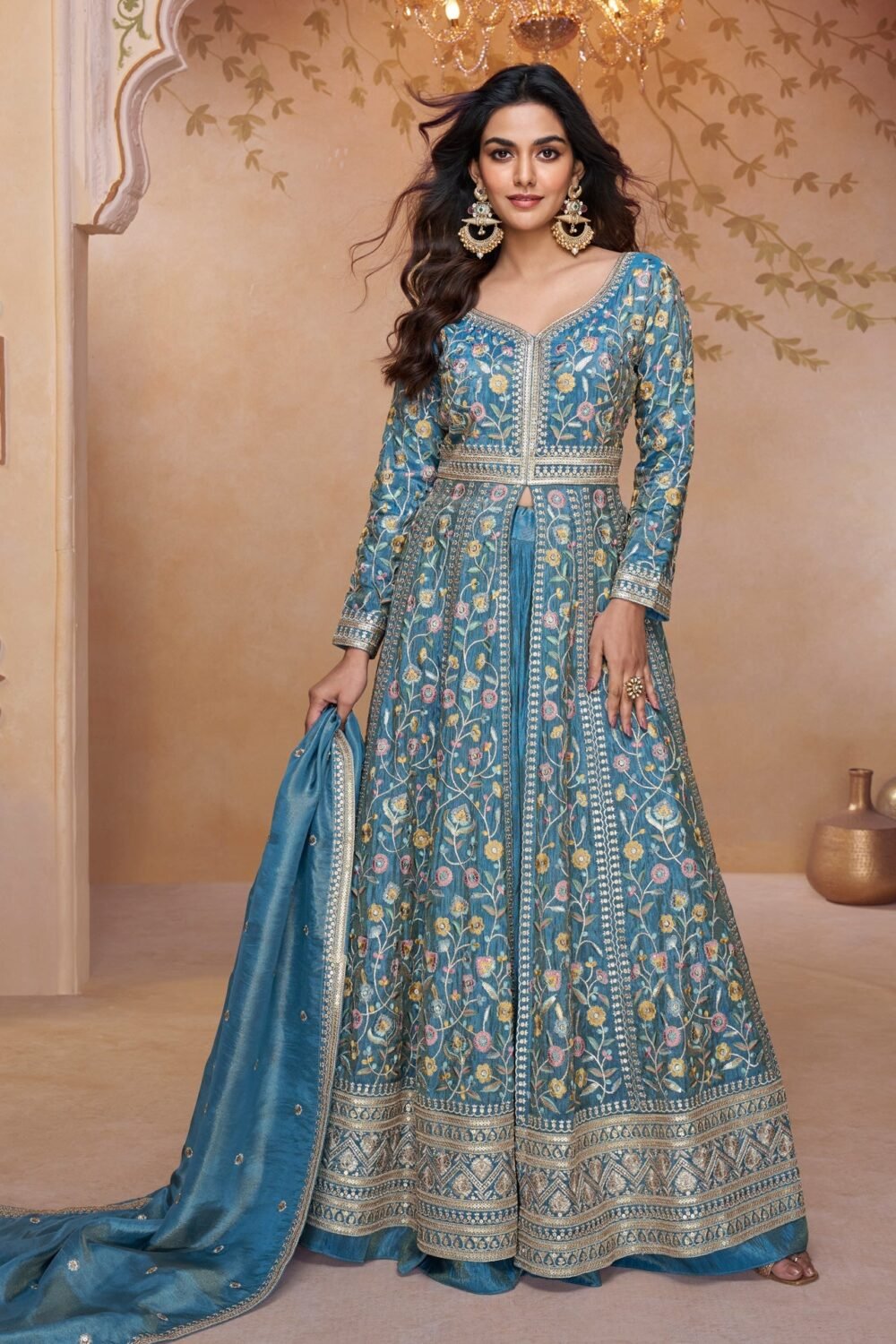 Blue Simar Silk Thread & Sequins Work Women Readymade Anarkali Lehenga Suit