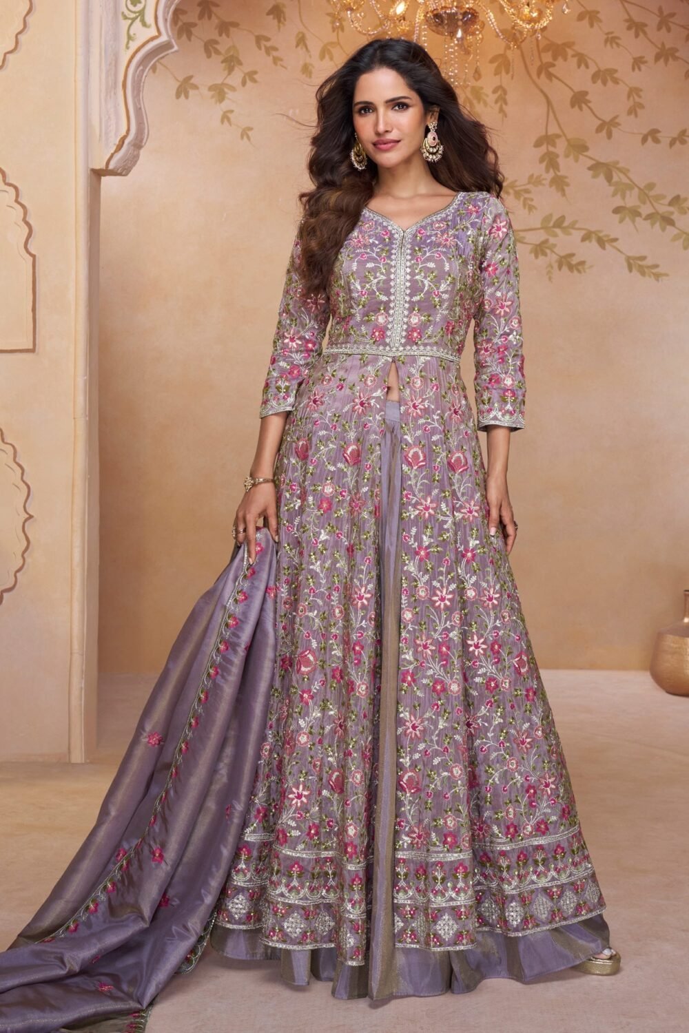 Lavender Simar Silk Thread & Sequins Work Women Readymade Anarkali Lehenga Suit