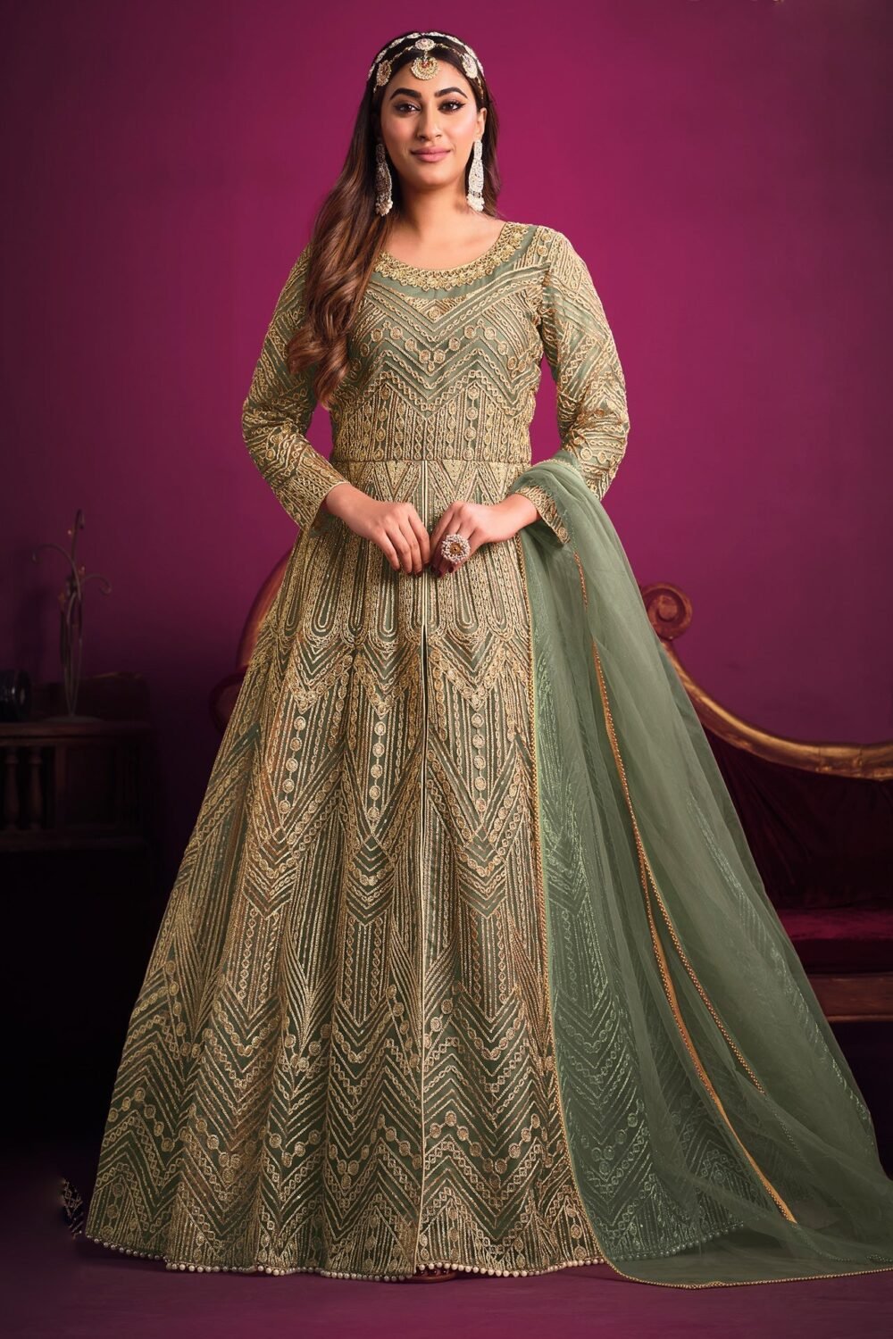 Green Net Zari Embroidered Front Open Anarkali Suit With Pant