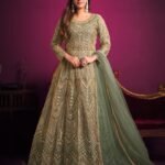 Green Net Zari Embroidered Front Open Anarkali Suit With Pant