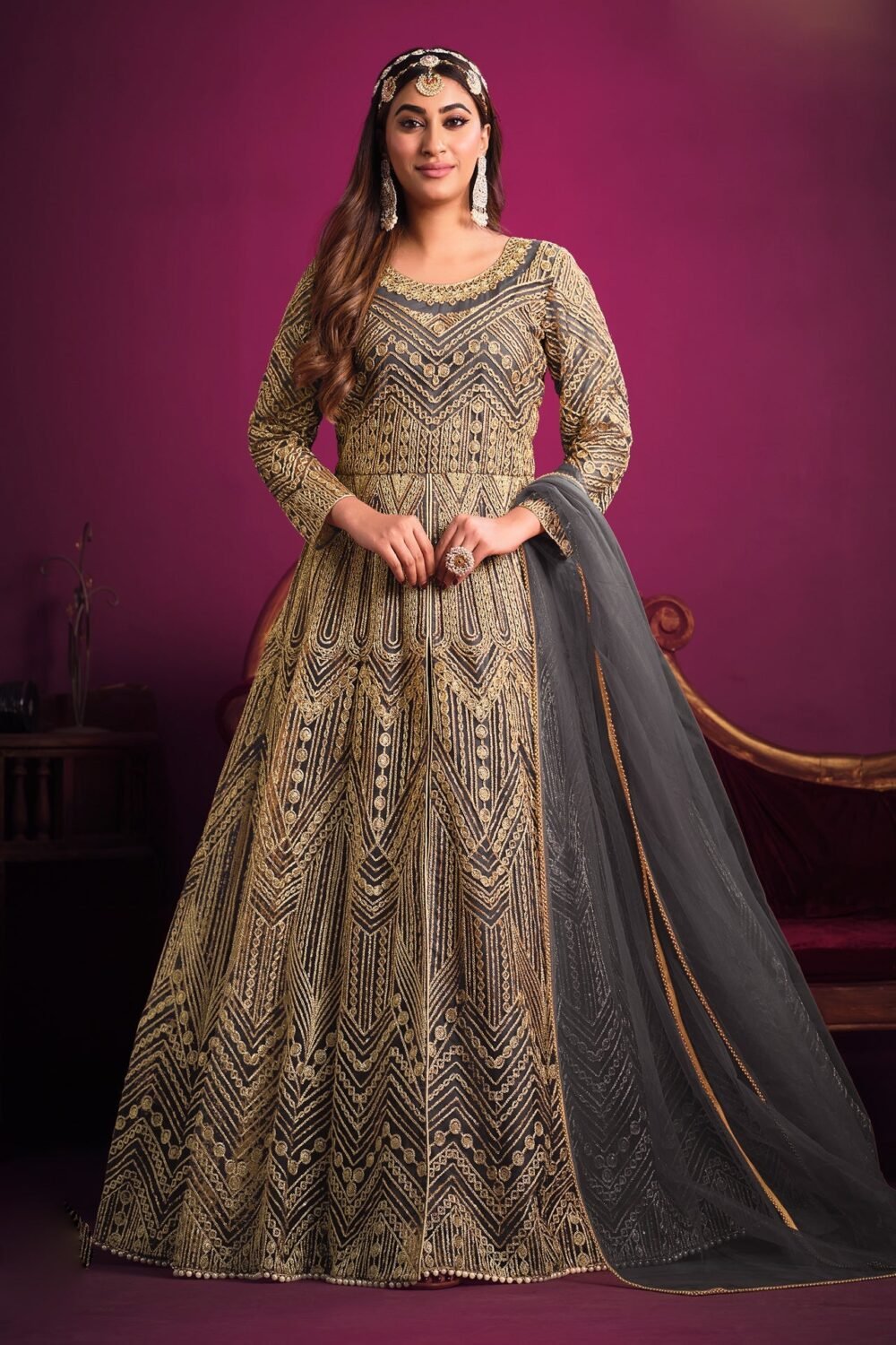 Grey Net Zari Embroidered Front Open Anarkali Suit With Pant