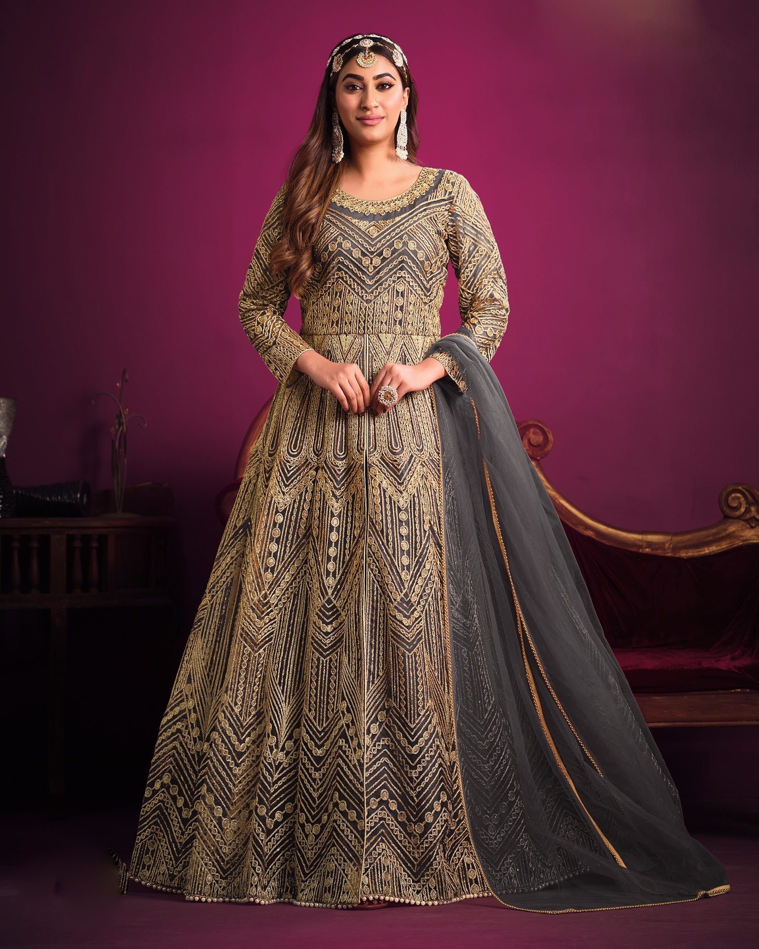 Grey Net Zari Embroidered Front Open Anarkali Suit With Pant