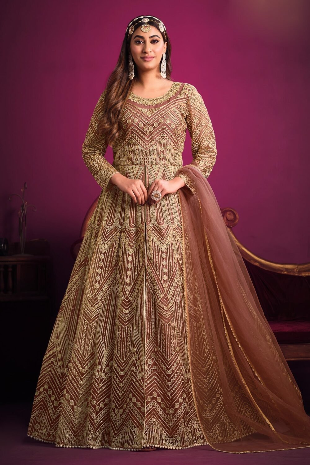 Light Brown Net Zari Embroidered Front Open Anarkali Suit With Pant