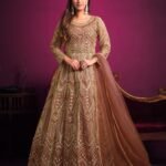 Light Brown Net Zari Embroidered Front Open Anarkali Suit With Pant