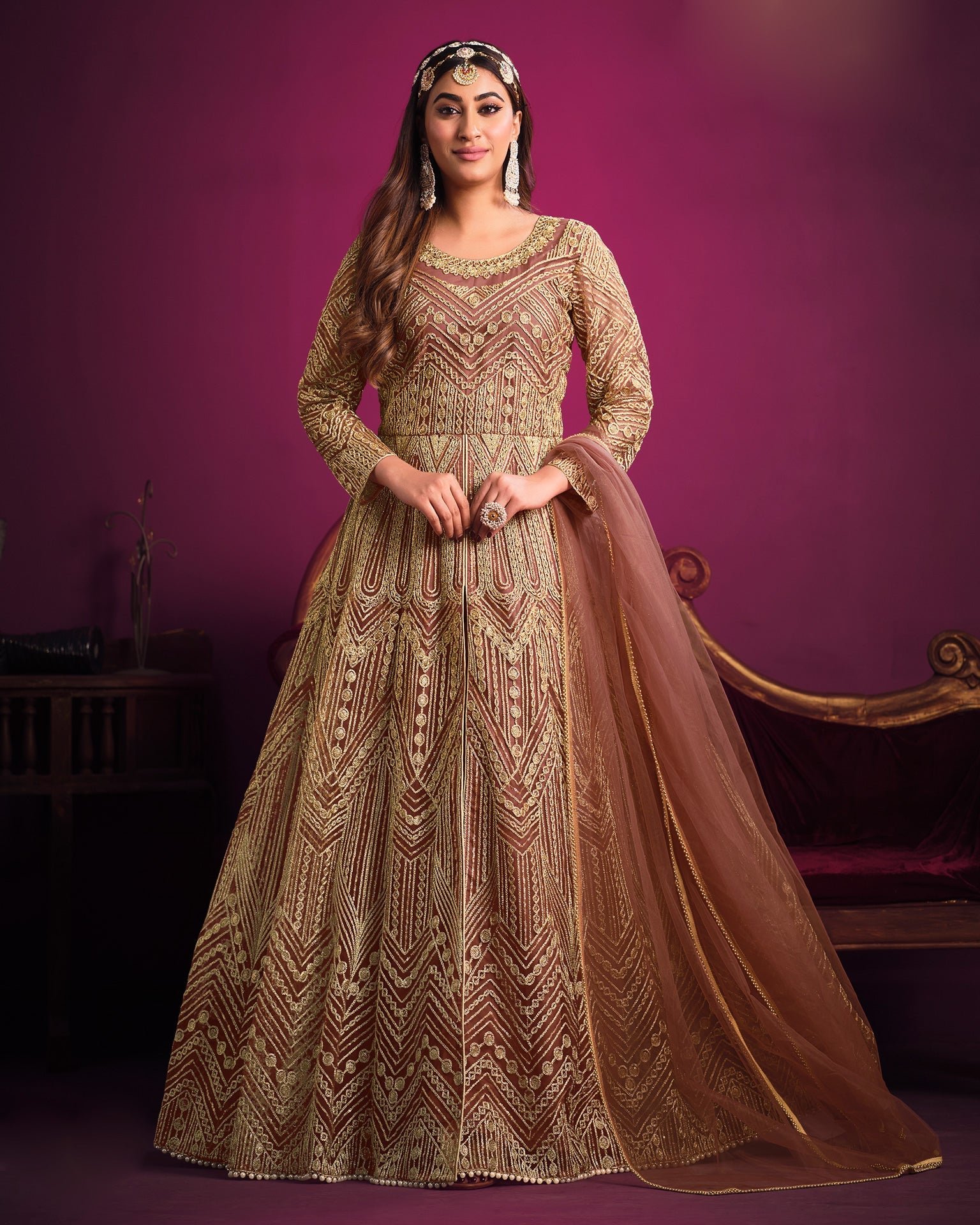 Light Brown Net Zari Embroidered Front Open Anarkali Suit With Pant