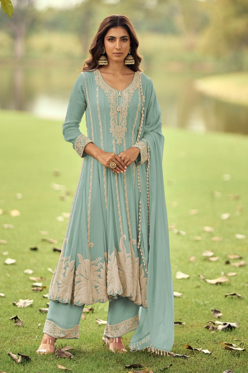 Blue Pure Georgette Readymade Anarkali Palazzo Suit For Women
