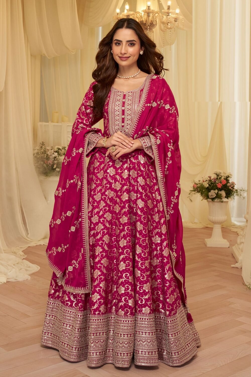 Pink Viscose Jacquard Women Readymade Anarkali Gown With Dupatta