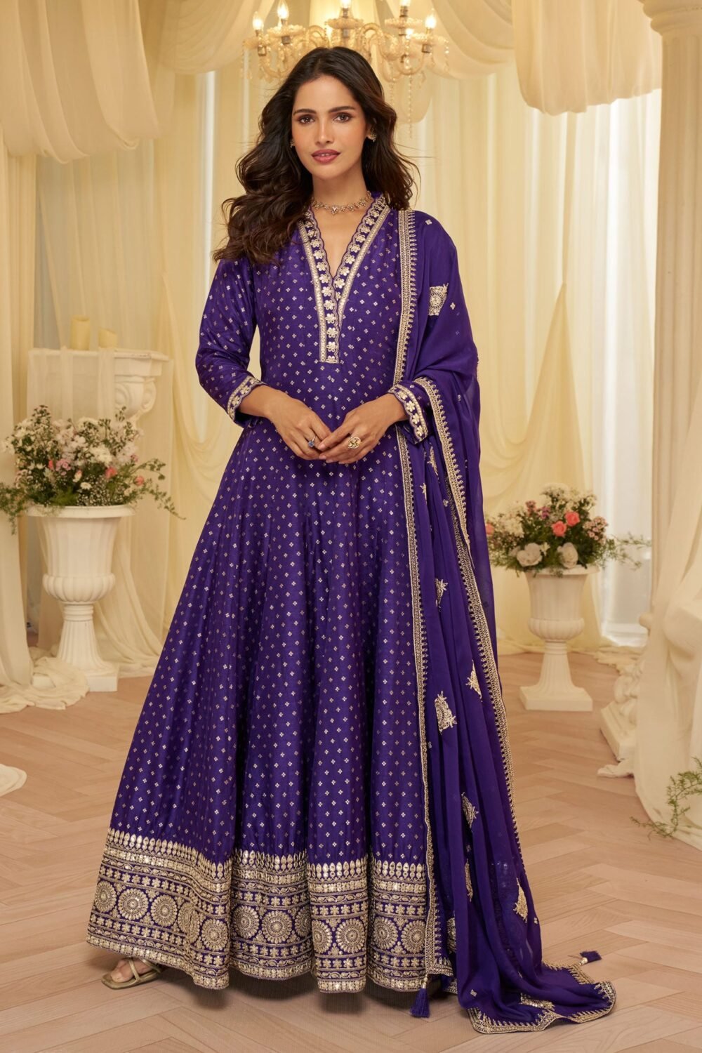 Purple Viscose Jacquard Women Readymade Anarkali Gown With Dupatta