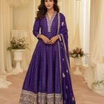 Purple Viscose Jacquard Women Readymade Anarkali Gown With Dupatta