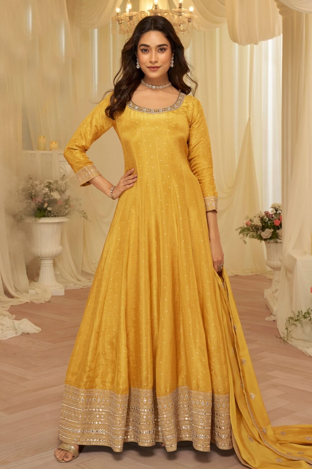 Yellow Viscose Jacquard Women Readymade Anarkali Gown With Dupatta