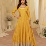 Yellow Viscose Jacquard Women Readymade Anarkali Gown With Dupatta