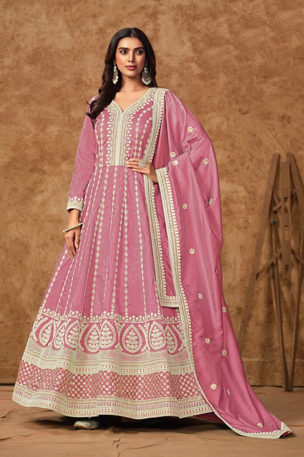 Pink Zari Sequins Work Dola Silk Women Readymade Anarkali Gown
