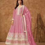 Pink Zari Sequins Work Dola Silk Women Readymade Anarkali Gown