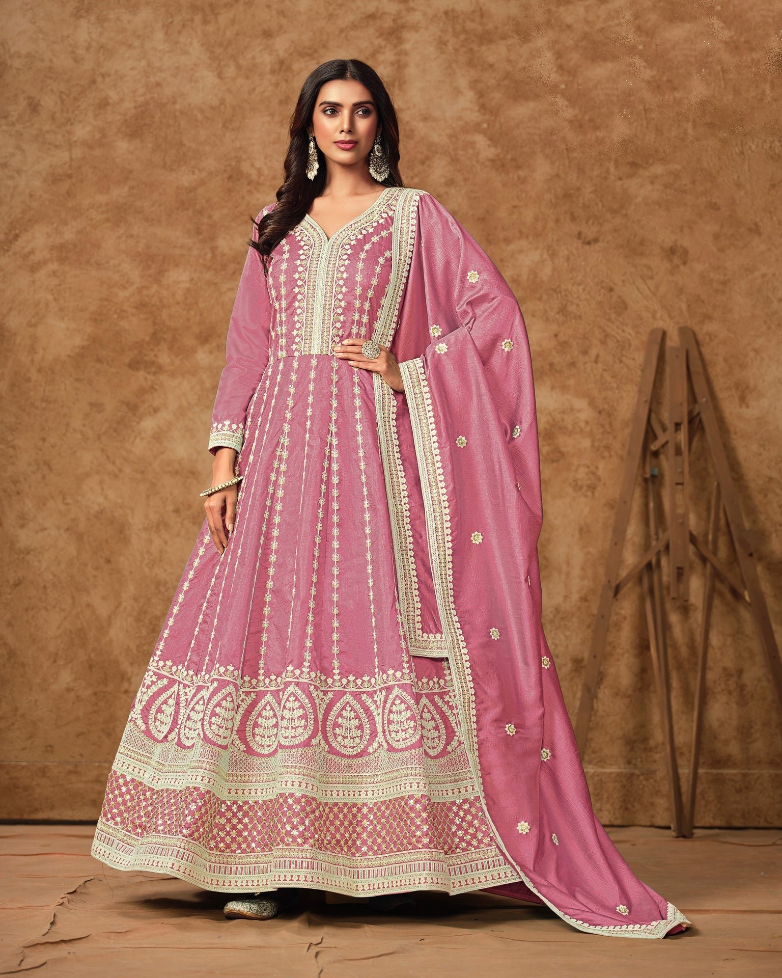 Pink Zari Sequins Work Dola Silk Women Readymade Anarkali Gown