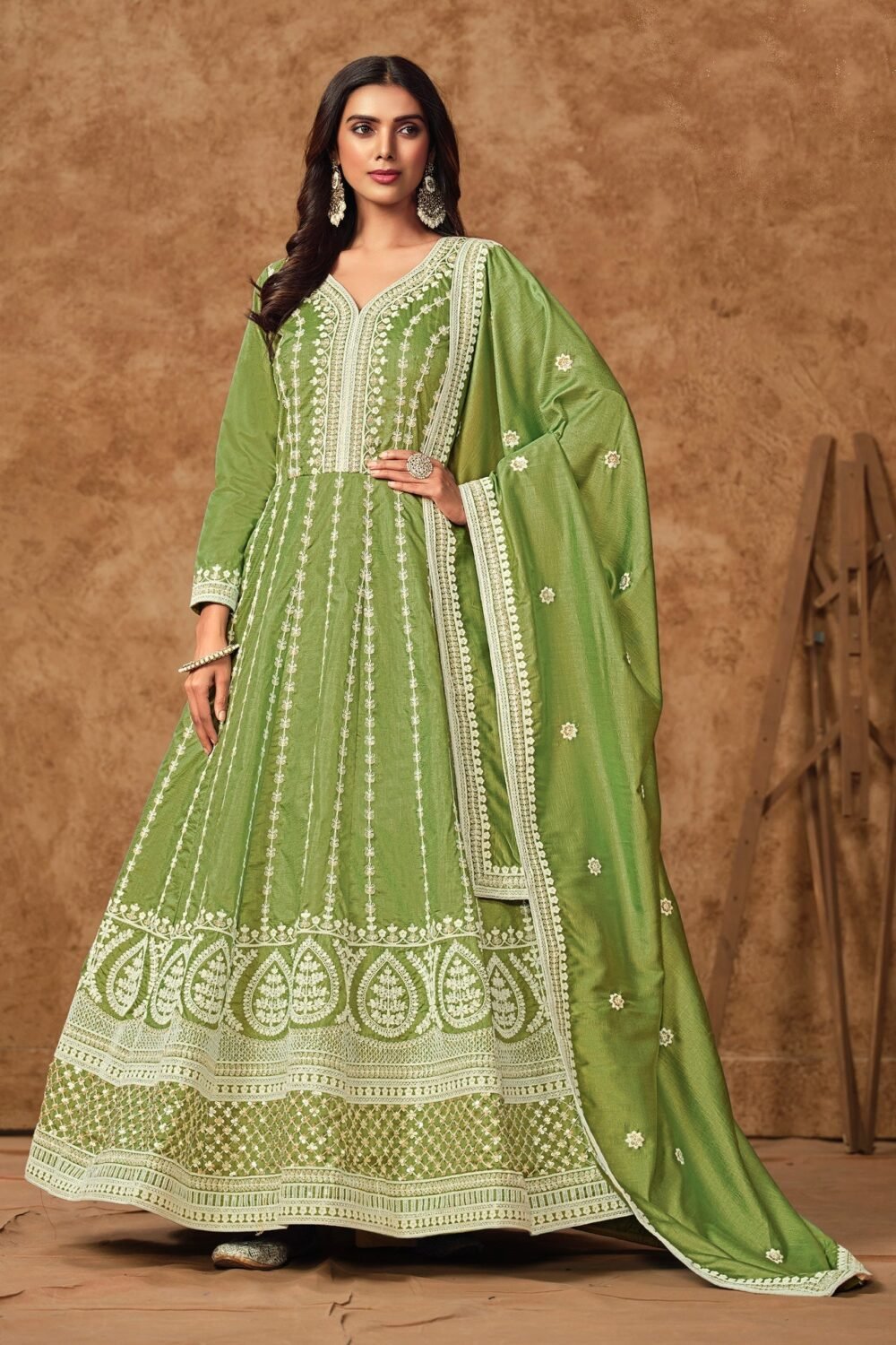 Green Zari Sequins Work Dola Silk Women Readymade Anarkali Gown