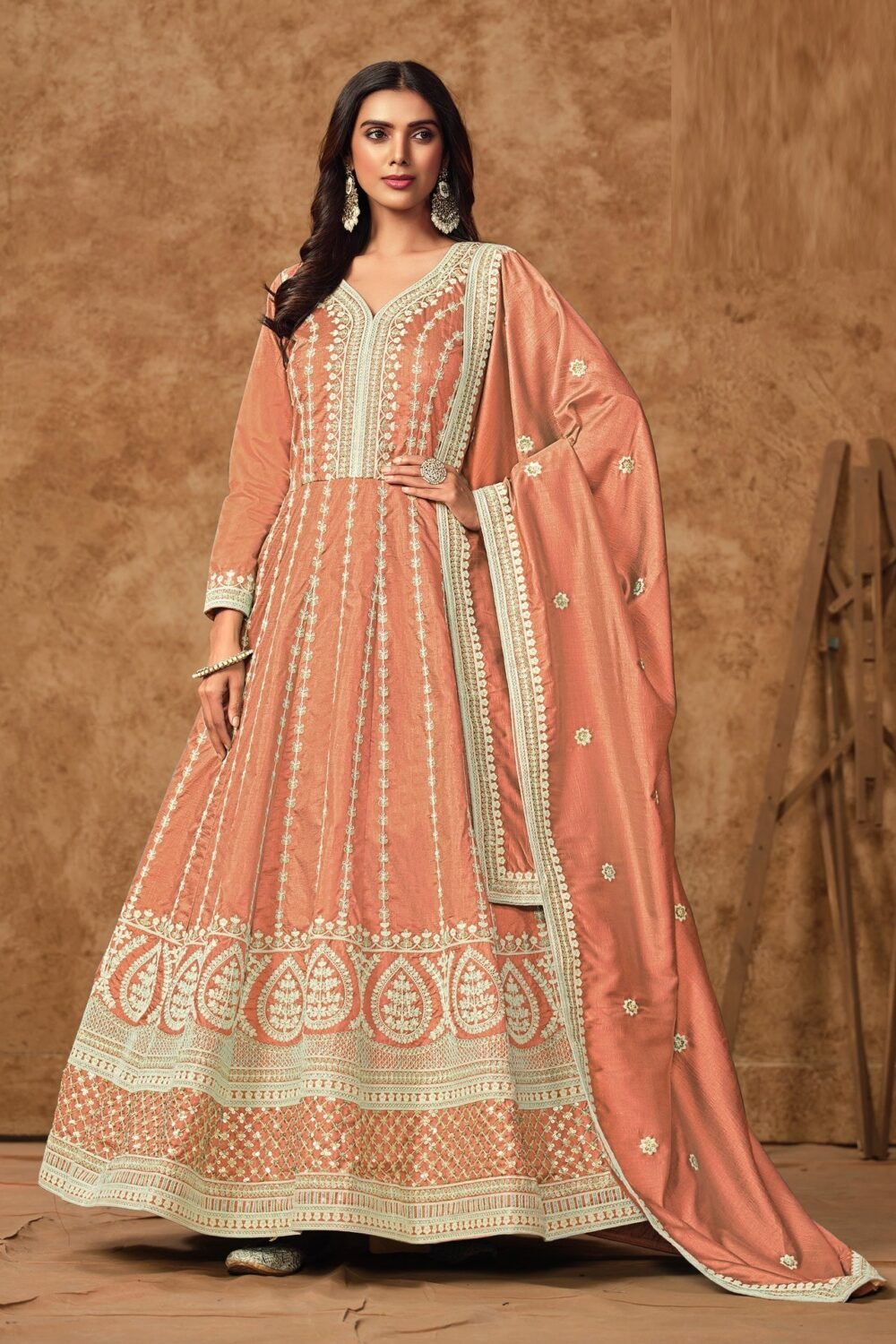 Peach Zari Sequins Work Dola Silk Women Readymade Anarkali Gown