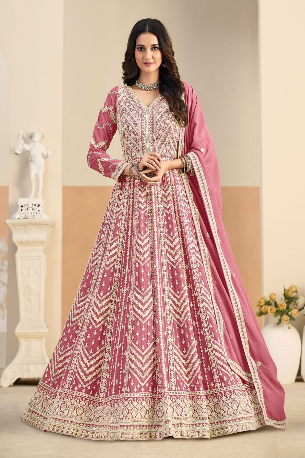 Pink Thread Work Women Faux Georgette Unstitched Anarkali Suit