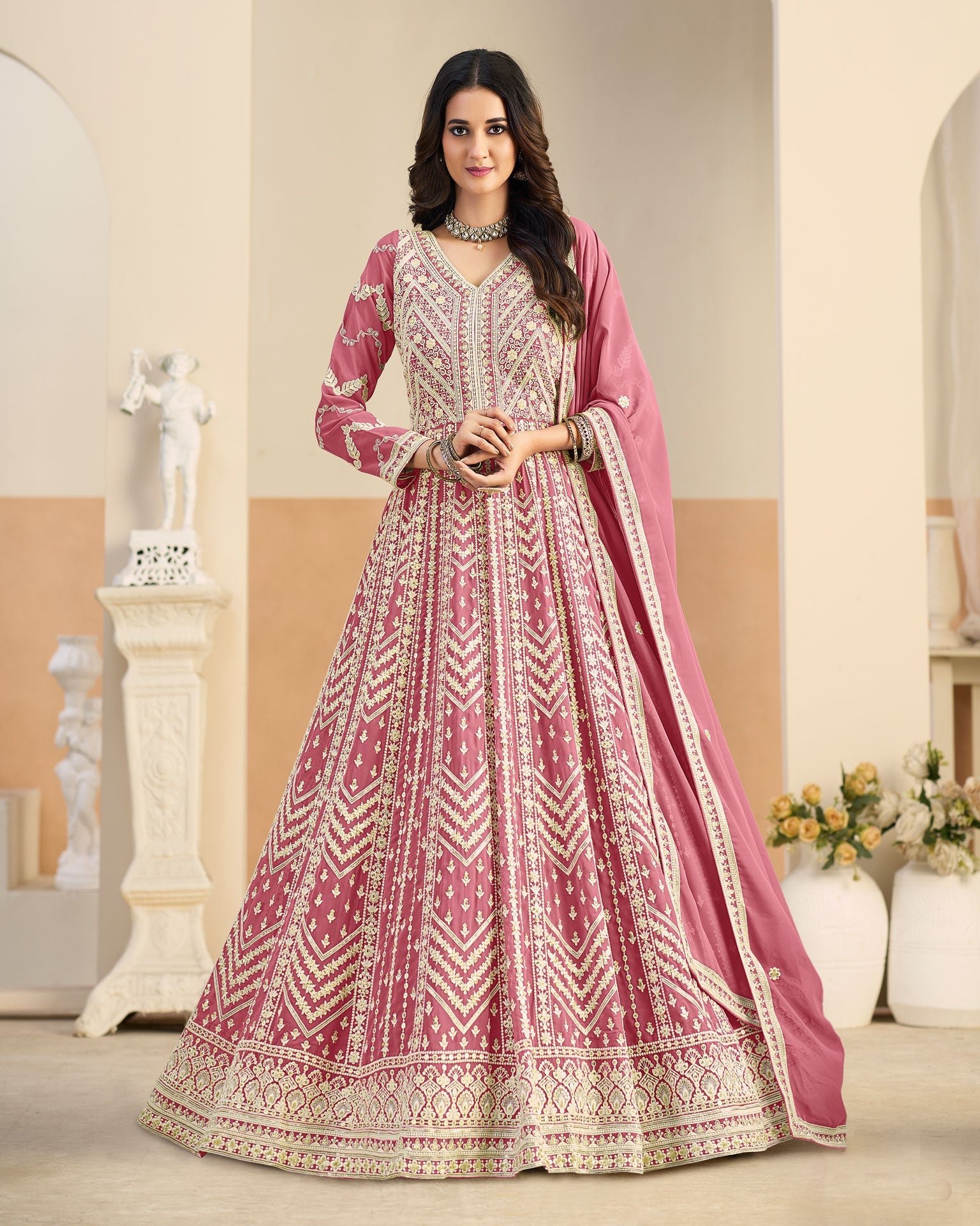 Pink Thread Work Women Faux Georgette Unstitched Anarkali Suit