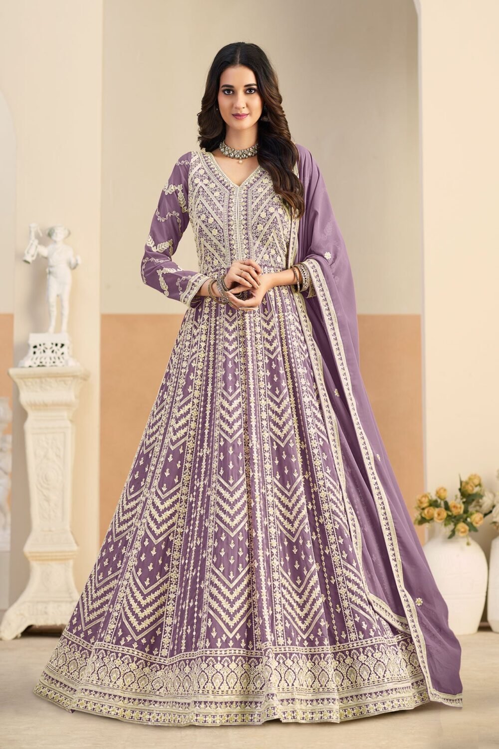 Purple Thread Work Women Faux Georgette Unstitched Anarkali Suit