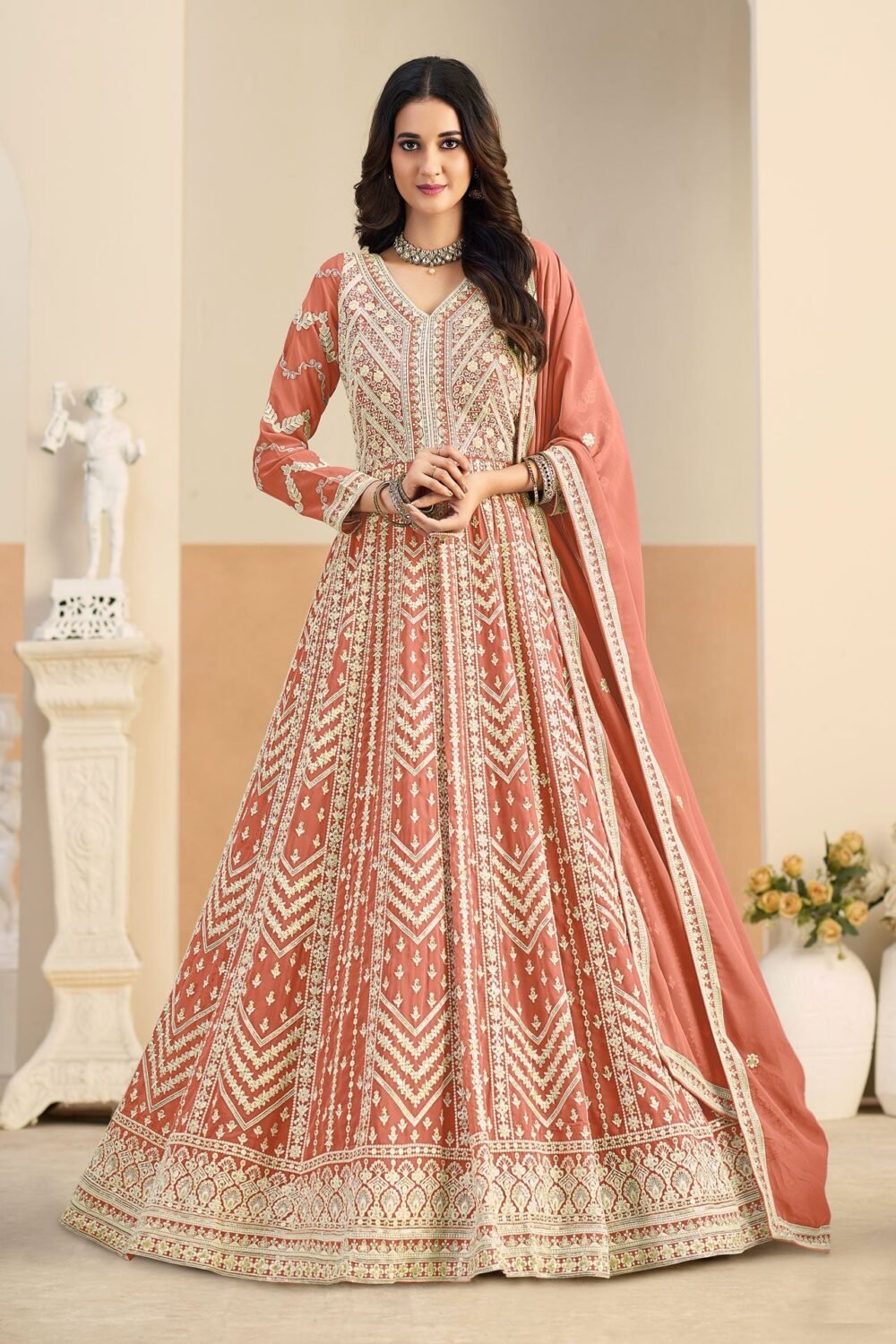 Peach Thread Work Women Faux Georgette Unstitched Anarkali Suit