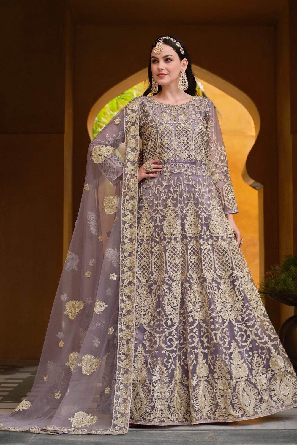 Purple Net Stone & Zari Work Anarkali Suit With Purple Net Dupatta