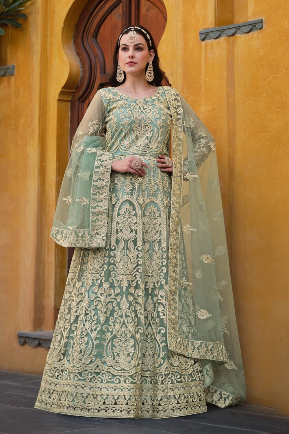 Sea Green Net Stone & Zari Work Anarkali Suit With Sea Green Net Dupatta