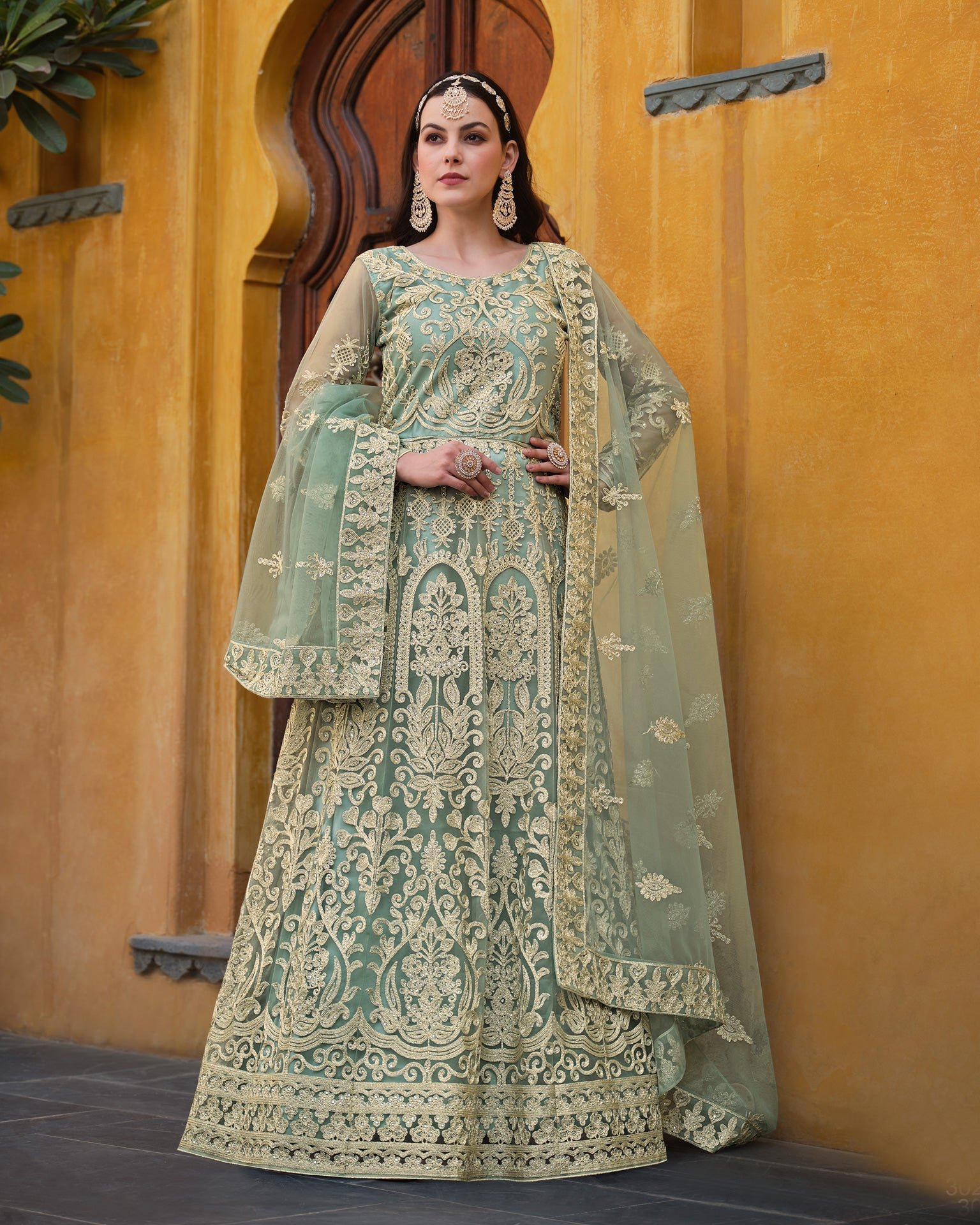 Sea Green Net Stone & Zari Work Anarkali Suit With Sea Green Net Dupatta