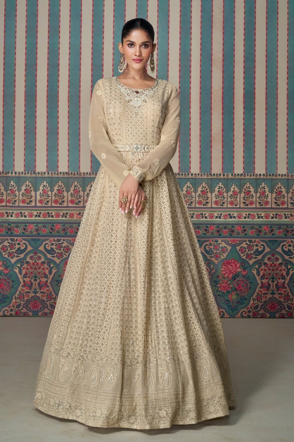 Beige Georgette Lucknowi Work Women Readymade Anarkali Kameez With Dupatta