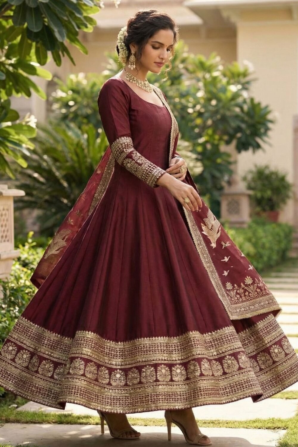 Maroon Vichitra Silk Readymade Anarkali Kurta For Women With Dupatta