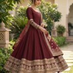 Maroon Vichitra Silk Readymade Anarkali Kurta For Women With Dupatta