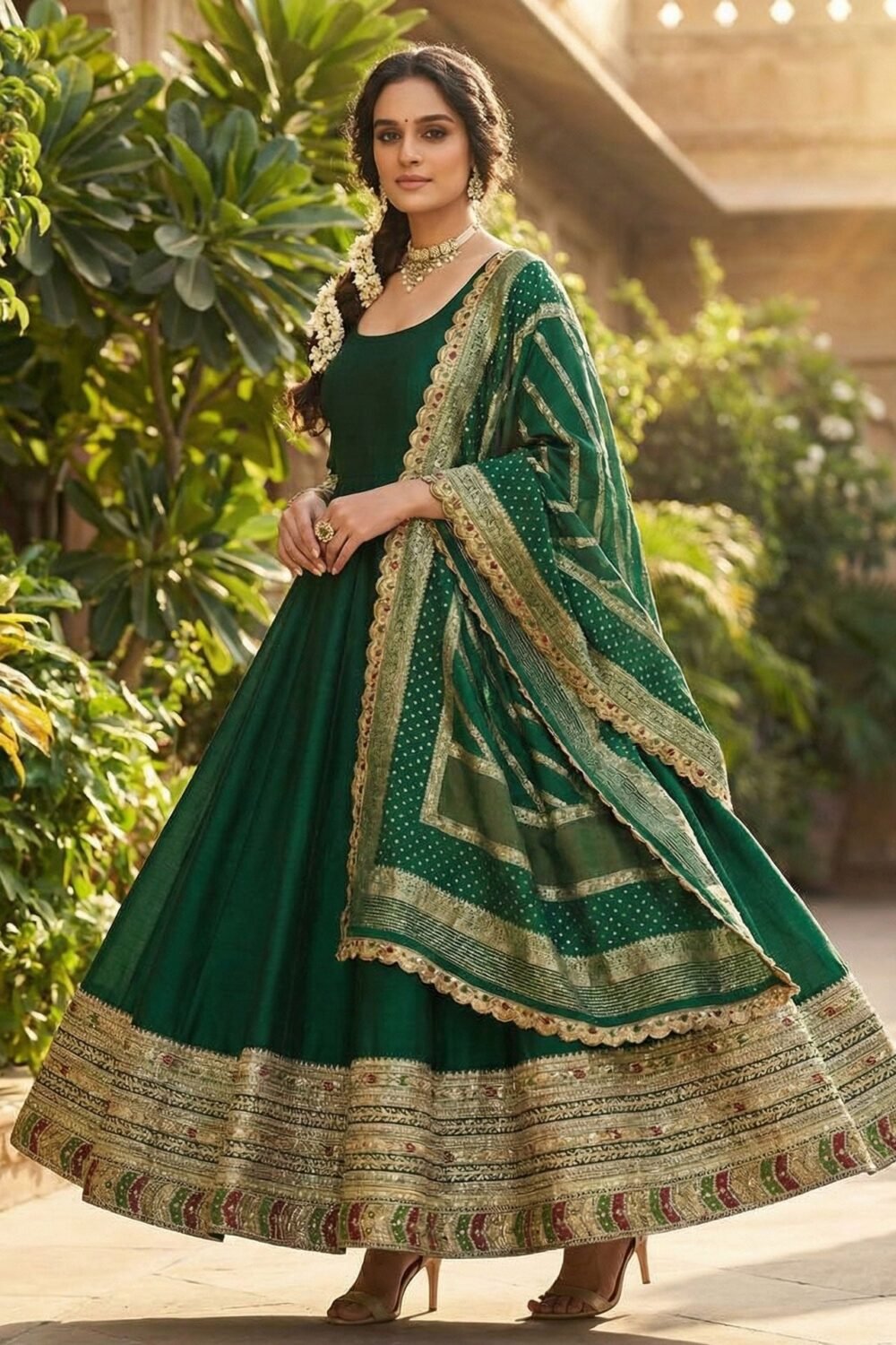 Green Vichitra Silk Readymade Anarkali Kurta For Women With Dupatta