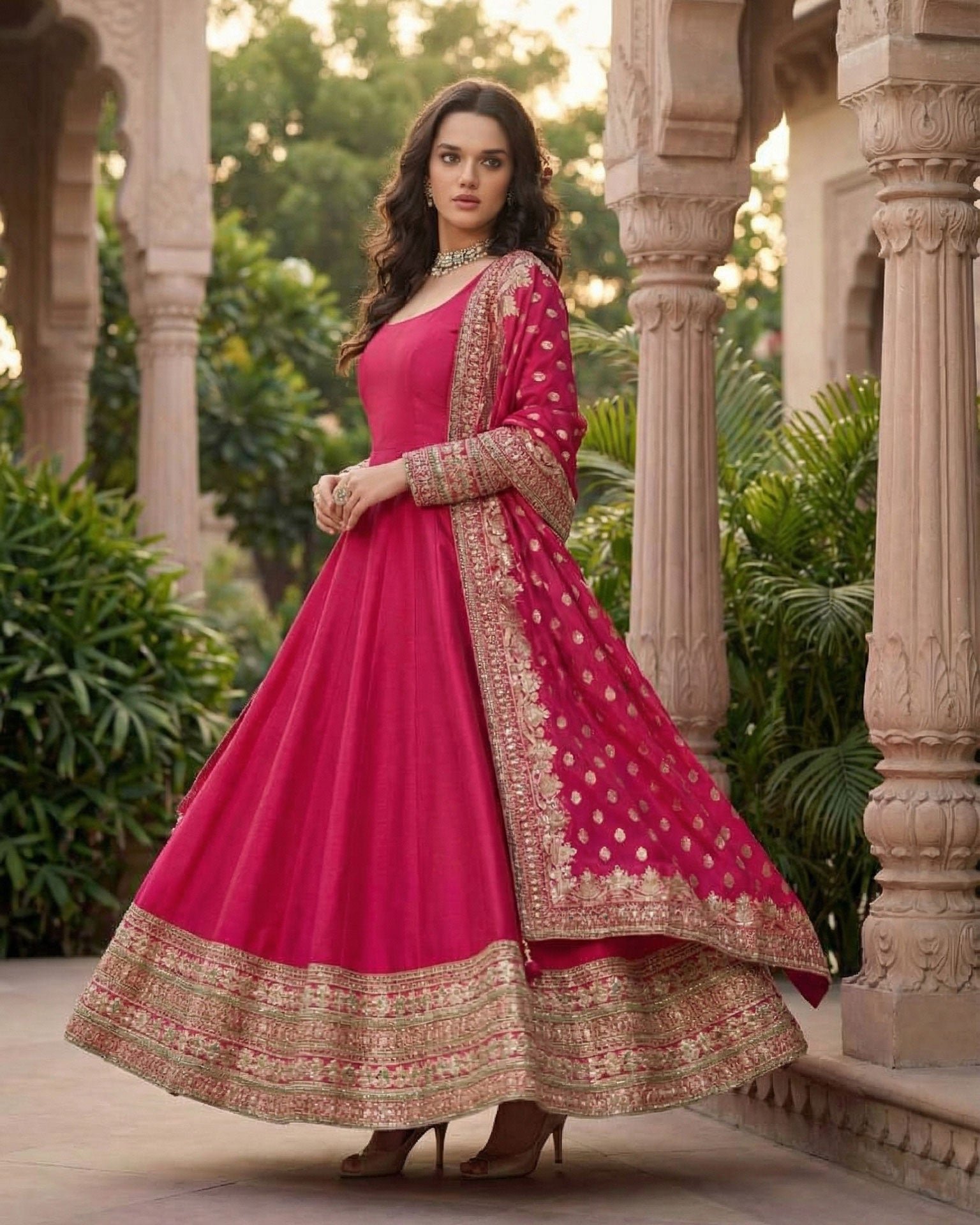 Pink Vichitra Silk Readymade Anarkali Kurta For Women With Dupatta