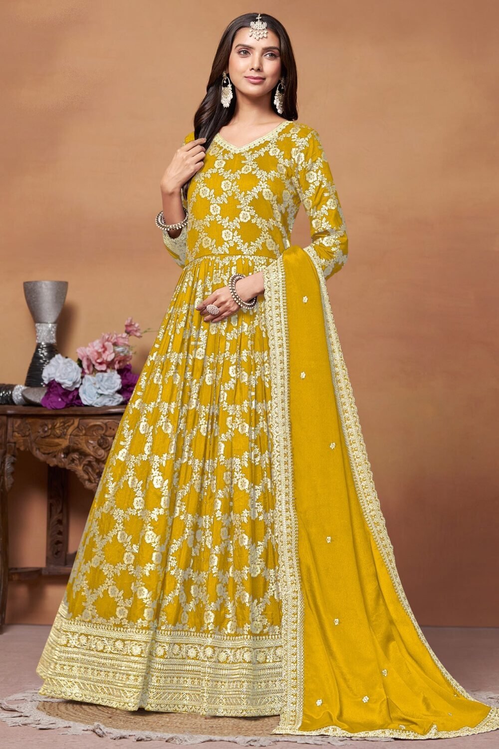 Yellow Dola Jacquard Zari Work Anarkali Suit With Yellow Chinnon Dupatta