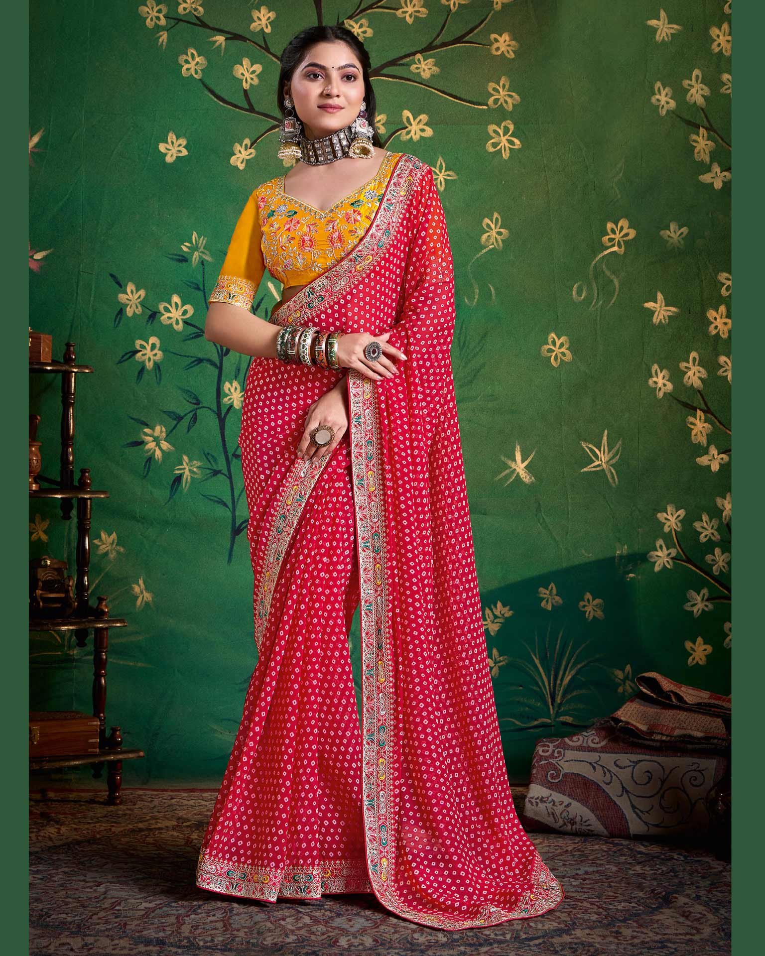 Pink Bandhni Print Georgette Women Saree With Embroidered Yellow Blouse