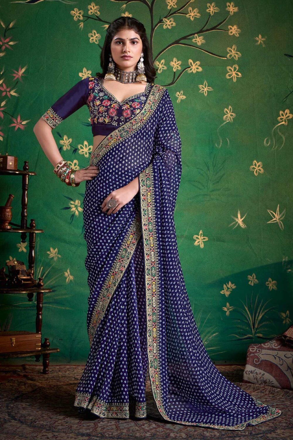 Navy Blue Bandhni Print Georgette Women Saree With Embroidered Blouse