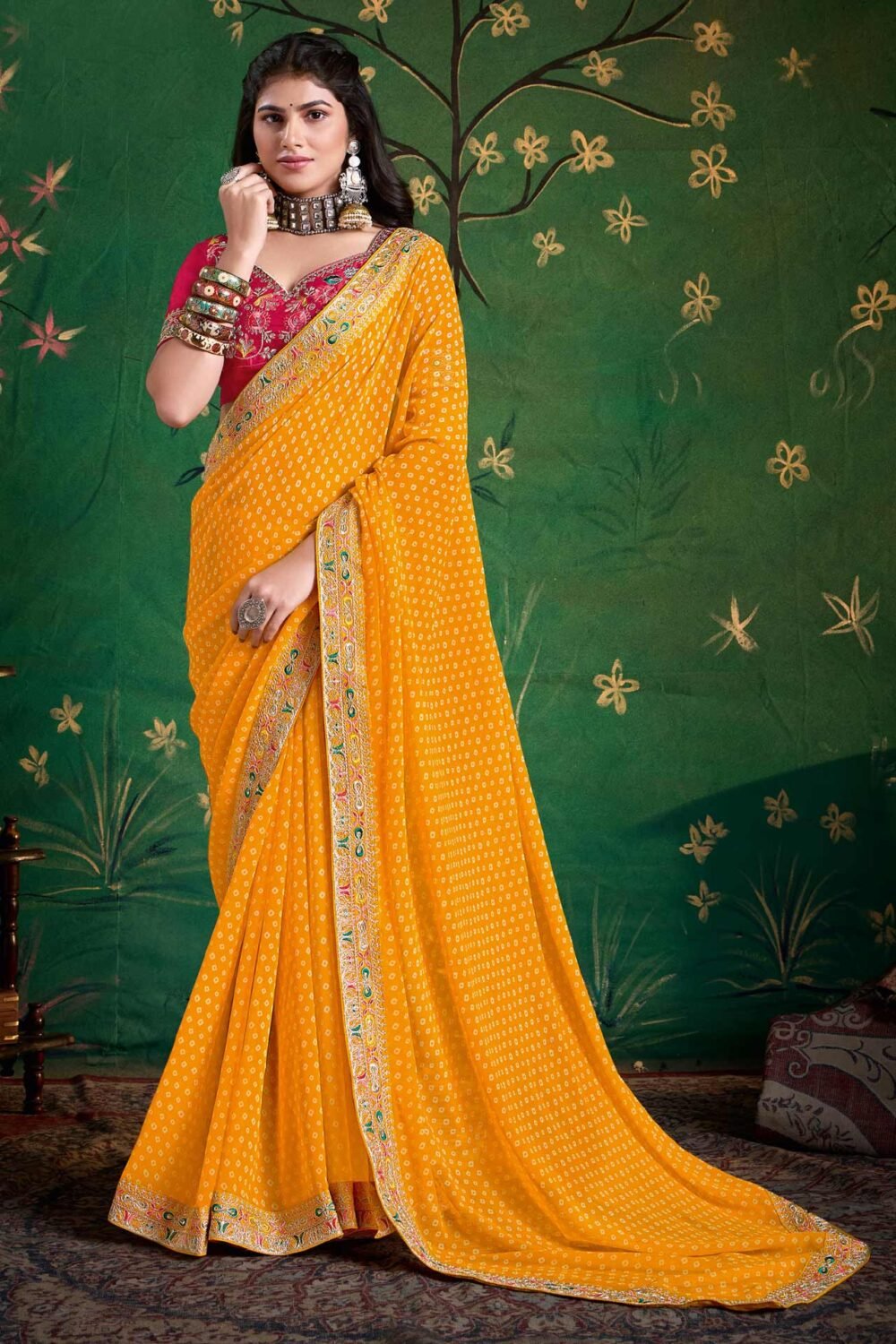 Yellow Bandhni Print Georgette Women Saree With Embroidered Pink Blouse